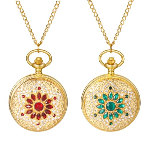 JewelryWe Gold Taschenuhr Damen Strass: 2pcs Glitzer Diamant Blume Blütenblatt Kettenuhr Analog Quarz Uhr Anhänger mit Halsette Kette Pocket Watch Geschenk für Frau Mutter Ehefrau von JewelryWe