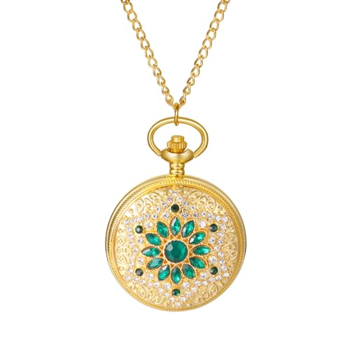 JewelryWe Gold Taschenuhr Damen Strass: Grün Glitzer Diamant Blume Blütenblatt Kettenuhr Analog Quarz Uhr Anhänger mit Halsette Kette Pocket Watch Geschenk für Frau Mutter Ehefrau von JewelryWe
