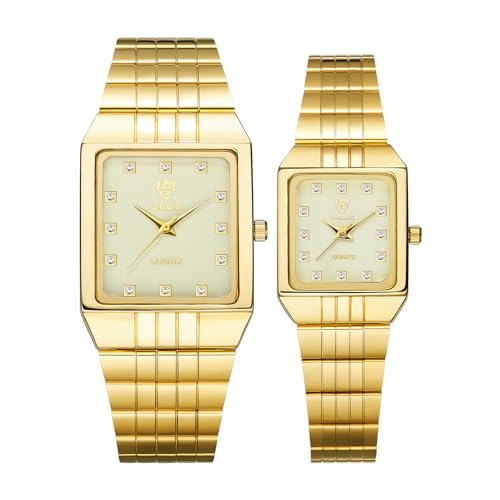 JewelryWe Goldene quadratische Armbanduhren: Strass, analog, Quarz, wasserdicht, Edelstahl, lässig, für Damen und Herren, Grüne Paaruhren, Edelstahl-Armbanduhr von JewelryWe