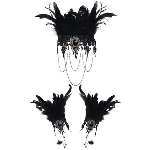 JewelryWe Gothic Choker Armband 2er Set: Punk Schwarz Spitze Feder Leder Halsband Ring Armband Schmuckset Vintage Tattoo Halsreif Handschuhe mit Fingerring Damen Mädchen Halloween Cosplay Kostüm JewelryWe Gothic Choker Armband 2er Set: Punk Schwarz Spitze Feder Leder Halsband Ring Armband Schmuckset Vintage Tattoo Halsreif Handschuhe mit Fingerring Damen Mädchen Halloween Cosplay Kostüm von JewelryWe