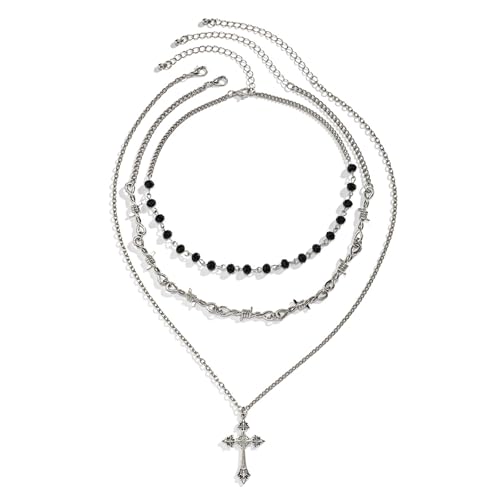 JewelryWe Gothic Geschichtet Kreuz Halskette: Silber Stacheldraht Kette Schwarz Perlen Choker Kette mit Kreuz Anhänger Edelstahl Layered Verstellbar Y Halskette Halloween Schmuck für Damen von JewelryWe
