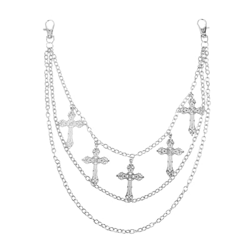 JewelryWe Gothic Kreuz Hosenkette Jeanskette: Silber Punk Hose Kette mit Kreuzanhänger Hip Hop Jeans Ketten Wallet Chain für Frauen Männer Unisex Halloween Vintage Rock Accessoires von JewelryWe