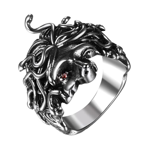 JewelryWe Gothic Medusa Schlangen Ring: Edelstahl Gorgone Medusa Schlangenkopf Fingerring Vintage Antike Griechische Mythologie Schmuck Punk Biker Ring Band für Damen Herren Silber Größe 62 von JewelryWe