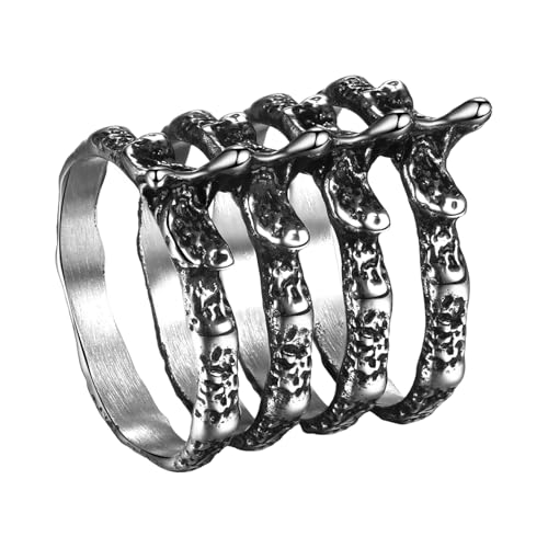 JewelryWe Gothic Punk Wirbelsäule Ring: Edelstahl Skelett Knochen Design Fingerring für Damen Herren Selbstverteidigung Statement Ring Band Biker Schmuck Geschenk Silber Größe 65 von JewelryWe