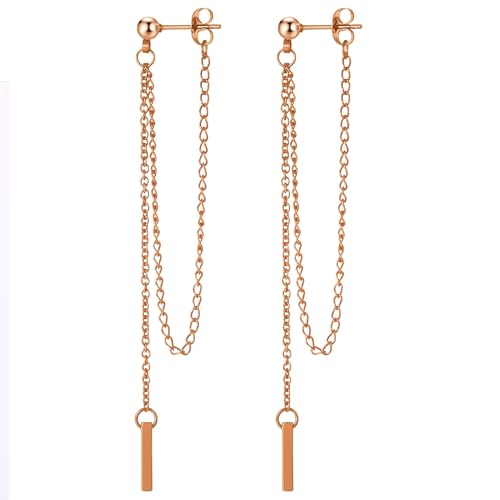 JewelryWe Hängende Ohrringe Damen Ohrhänger: Rosegold Edelstahl Kugel Ohrstecker mit Extra Lange Kette Stäbchen Anhänger Kettenohrringe Tropfen Ohrringe Ohr Piercings Geschenk für Frau Mädchen von JewelryWe