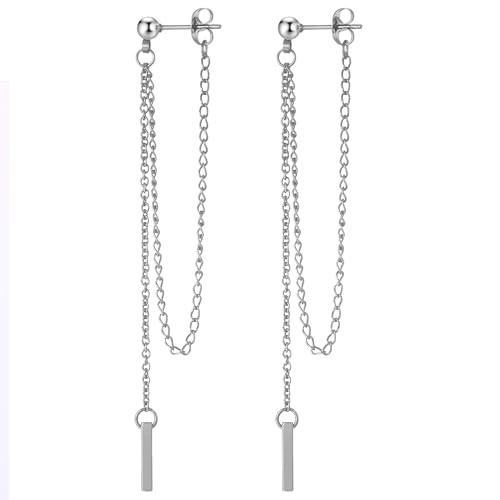 JewelryWe Hängende Ohrringe Damen Ohrhänger: Silber Edelstahl Kugel Ohrstecker mit Extra Lange Kette Stäbchen Anhänger Kettenohrringe Tropfen Ohrringe Ohr Piercings Geschenk für Frauen Mädchen von JewelryWe