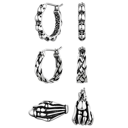 JewelryWe Halloween Creolen Ohrringe Silber: 3 Paar Edelstahl Geflochten Totenkopf Schädel Skelett Hand Klappcreolen Huggie Ohrringe Set Gothic Punk Ohrstecker Ohrschmuck für Herren Damen Unisex von JewelryWe