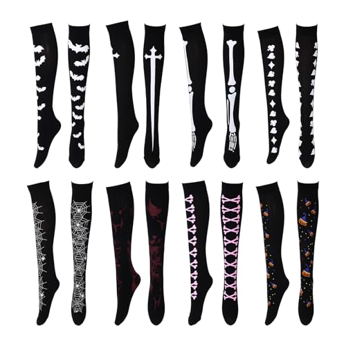 JewelryWe Halloween Overknee Strümpfe für Damen: 8 Paar Kniestrümpfe Totenkopf Skelett Kreuz Fledermaus Spinnennetz Blut Kürbis Oberschenkel Hohe Socken Gothic Fasching Karneval Cosplay Party Kostüm von JewelryWe