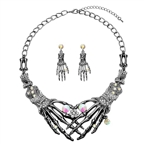 JewelryWe Halloween Skelett Hand Schmuckset: 3-teilig Schwarz Gothic Totenkopf Skeletthand Anhänger Halskette Ohrringe Schmuck Set mit Strass Punk Horror Schlüsselbein Kette Kostüm Accessoires Damen von JewelryWe
