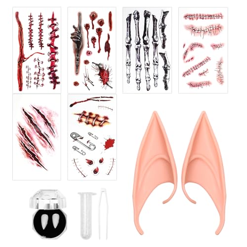 JewelryWe Halloween Tattoos Kostüm für Damen: 1 Paar Vampir Zähne mit Elfenohren und Narben Gesichtstattoos Zombie Make Up Zubehör Reißzähne Latexohren Wunden Aufkleber Gruselig Karneval Requisiten von JewelryWe