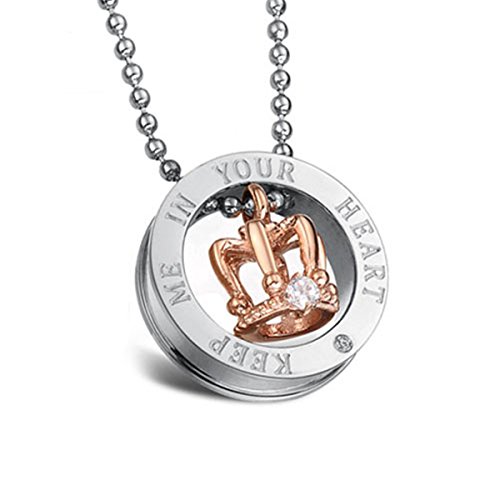 JewelryWe Halskette Damen Krone Anhänger: Edelstahl Krone Ring Anhänger Kette mit Gravur Keep Me in Your Heart Geschenk für Frauen Mädchen Gold Silber von JewelryWe