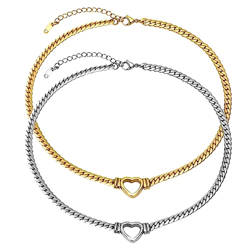 JewelryWe Halskette Herz Damen Panzerkette - 2pcs Silber/Gold Punk Edelstahl Kubanische Kette Choker Halskette mit Herz Anhänger Flach Panzerkette Chunky Kragen Halskette für Frauen Mädchen von JewelryWe