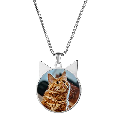 JewelryWe Halskette Personalisiert mit Foto & Gravur: Silber Edelstahl Süße Katze Katzenohren Anhänger Kette mit Bild und Text - Personalisiertes Geschenk für Damen Frauen von JewelryWe
