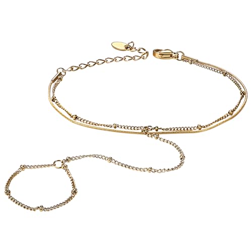 JewelryWe Handkette Armband mit Ring für Damen: Gold Edelstahl Handkettchen Armband mit Fingerring Doppellagige Verstellbare Handschuhe Sommer Boho Strand Handschmuck für Frauen Mädchen von JewelryWe