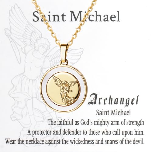JewelryWe Heiliger Michael Halskette Damen: Gold Edelstahl Erzengel St. Michael Runde Medaille Anhänger Kette mit Muschel Inlay Katholischer Schutzanhänger Religiöses Schutzamulett Schmuck mit Karte von JewelryWe