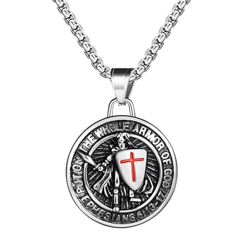 JewelryWe Heiliger Michael Halskette Herren: Silber Edelstahl Erzengel St. Michael Kreuz Schild Anhänger Kette Katholische Runde Medaille Amulett Schutzpatron Schmuck Geschenk für Männer Jungen von JewelryWe