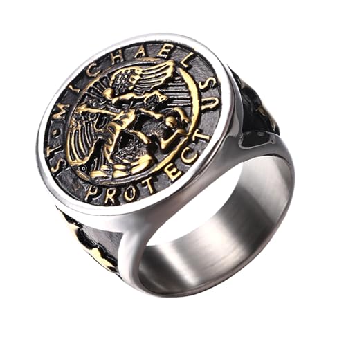 JewelryWe Heiliger Michael Ring Herren: Gold Silber Edelstahl Herren-Ring Erzengel St. Michael Amulett Schutzpatron Siegelring Retro Medaille Bandring Christlich Religiöse Schmuck Geschenk Größe 70 von JewelryWe
