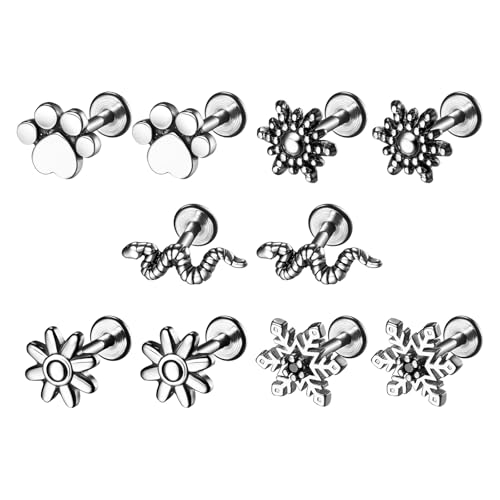 JewelryWe Helix Piercing Knorpel Ohrringe: 5 Paar Blume Pfote Schlange Schneeflocke Chirurgenstahl Tragus Piercing Knorpel Ohrpiercing Ohrstecker Klein Barbell Conch Piercing Labret Ohr Schmuck Damen von JewelryWe