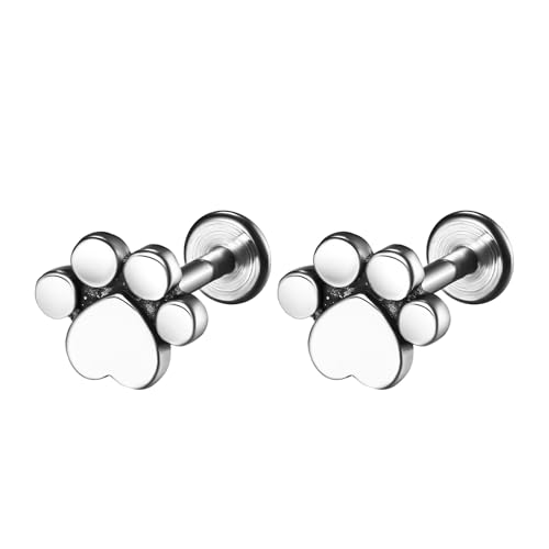 JewelryWe Helix Piercing Knorpel Ohrringe: Hund Katze Pfote Pfotenabdruck Chirurgenstahl Tragus Piercing Ohrpiercing Schraube Ohrstecker Klein Barbell Conch Piercing Labret Ohr Schmuck Silber Damen von JewelryWe