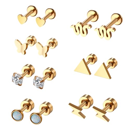 JewelryWe Helix Piercings Ohrringe Damen: 7 Paar Gold 316L Chirurgenstahl Knorpel Ohrstecker Set mit Herz Dreieck Schmetterling Blitz Schlange Opal Zirkonia Klein Conch Tragus Piercing Ohr Schmuck von JewelryWe
