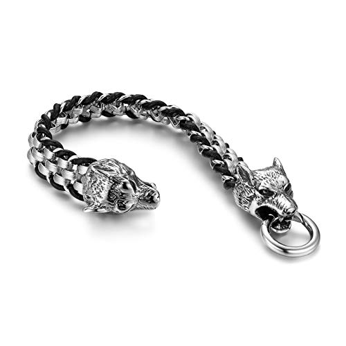 JewelryWe Herren Armband, Retro Punk Rock Doppelt Wolf Kopf Leder Edelstahl Geflochten Kette Armreif, Schwarz Silber von JewelryWe