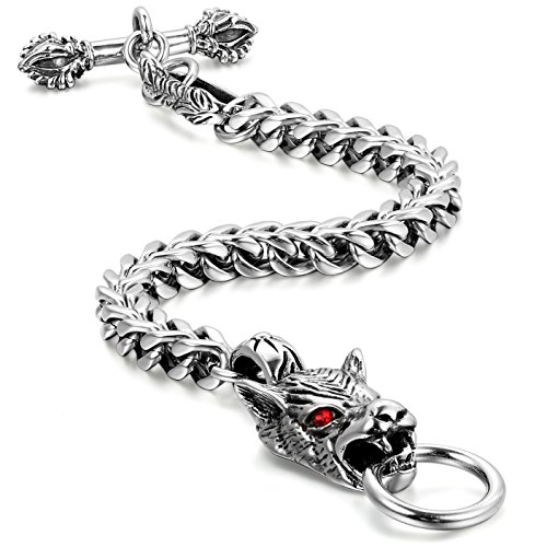 JewelryWe Herren Armband Wolf Edelstahl: Gotik Wolf Kopf Wolfskopf Biker Königskette Panzerkette Armkette Armreif mit Rot Augen Schwarz Silber von JewelryWe