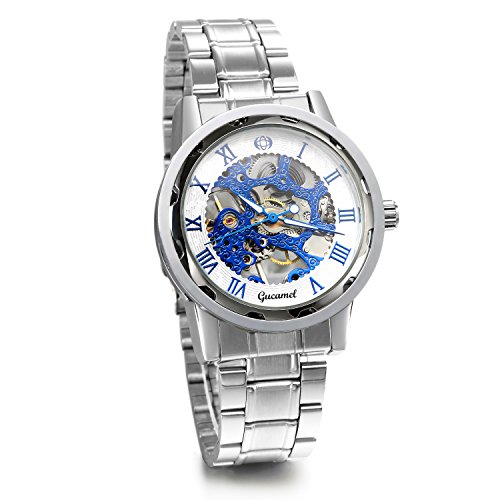 JewelryWe Herren Armbanduhr, Analog Handaufzug, Fashion Business Transparent Steampunk Handaufzug mechanische Uhr mit Edelstahl Armband, Blau Römische Ziffern Zifferblatt von JewelryWe