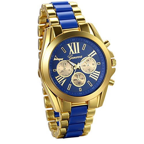 JewelryWe Herren Armbanduhr, Analog Quarz, Business Casual Edelstahl Armband Uhr mit Römischen Ziffern Zifferblatt, Gold Blau von JewelryWe