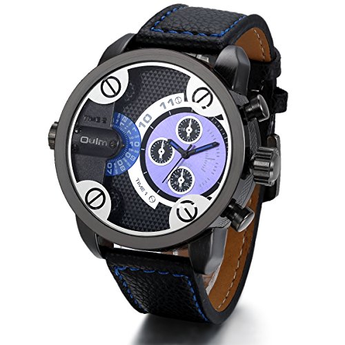 JewelryWe Herren Armbanduhr, Analog Quarz Business Casual Multifunktions-Uhr, Leder Armband Uhr mit Blau Einzigartig Zifferblatt von JewelryWe