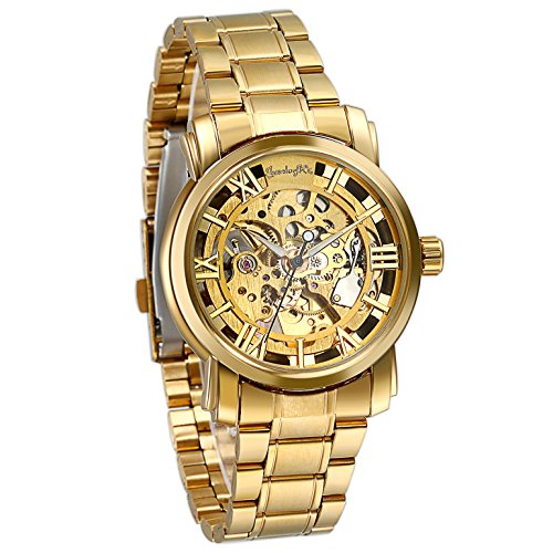 JewelryWe Herren Armbanduhr, Business Casual Skelett mechanische Mechanik Uhr mit Edelstahl Armband, Gold Farben von JewelryWe