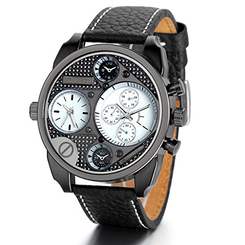 JewelryWe Herren Armbanduhr, Elegant Casual Sportuhr Analog Quarz Schwarz Leder Armband Uhr mit Weiß Große Zifferblatt, 3 Modellen von JewelryWe