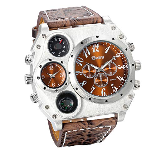 JewelryWe Herren Armbanduhr, Leder Legierung, Analog Quarz Kompass Thermometer Armband Uhr, Braun Leder Armband mit Braun Zifferblatt von JewelryWe