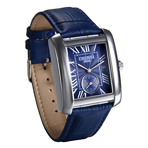 JewelryWe Vatertagsgeschenk Herren Armbanduhr, Retro Kalender Analog Quarz Uhr mit Rechteckig Römischen Ziffern Zifferblatt und Leder Armband, Farbe: Blau von JewelryWe