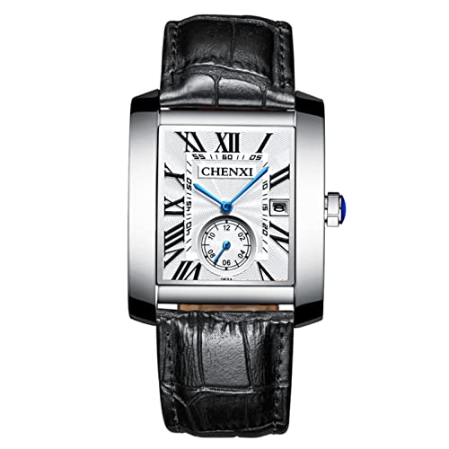 JewelryWe Herren Armbanduhr, Retro Kalender Analog Quarz Uhr mit Rechteckig Römischen Ziffern Zifferblatt und Leder Armband, Farbe: Schwarz von JewelryWe