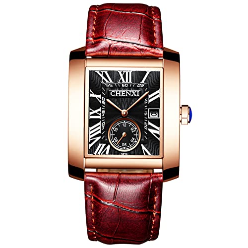 JewelryWe Herren Armbanduhr, Retro Kalender Analog Quarz Uhr mit Schwarz Rechteckig Römischen Ziffern Zifferblatt und Braun Leder Armband von JewelryWe