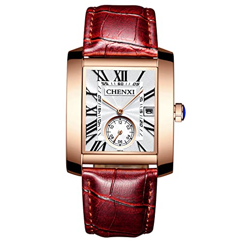 JewelryWe Herren Armbanduhr, Retro Kalender Analog Quarz Uhr mit Weiß Rechteckig Römischen Ziffern Zifferblatt und Braun Leder Armband von JewelryWe