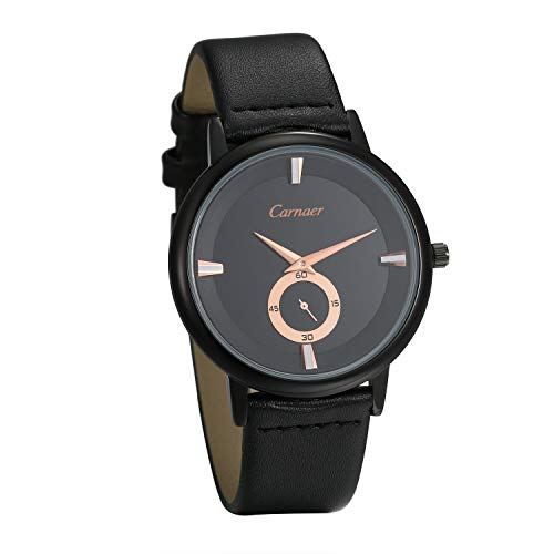 JewelryWe Herren Armbanduhr Analog Quarz 30M Wasserdicht Leder Echtleder Armband Luxus Casual Uhr mit Schwarz Rundem Zifferblatt von JewelryWe