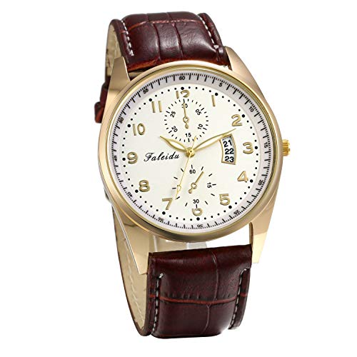 JewelryWe Herren Armbanduhr Analog Quarz Wasserdicht Einfach Casual Uhr mit Braun Leder Armband und Gold Gehäuse von JewelryWe