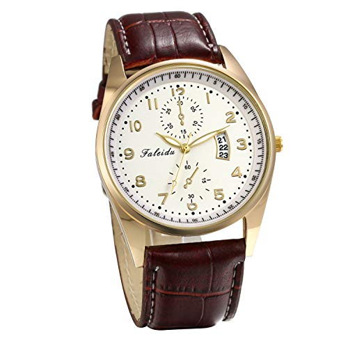 JewelryWe Herrenuhr Leder Quarz Uhr: Klassische Einfache Analog Quarzuhr Wasserdicht Armbanduhr Herren Braun Lederarmband Business Casual Uhr mit Arabischen Zahlen & Gold Gehäuse von JewelryWe