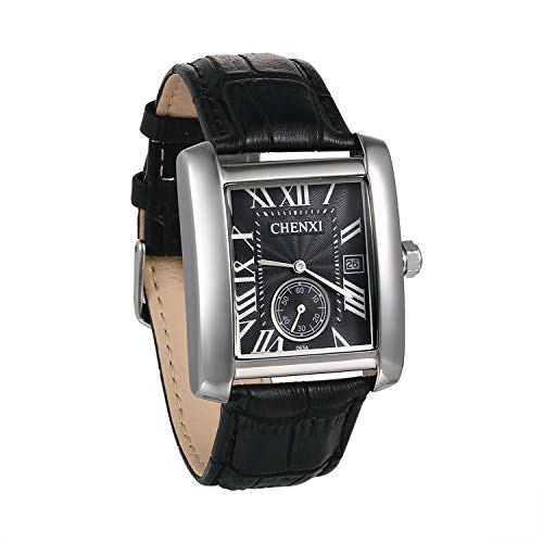 JewelryWe Vatertagsgeschenk Herren Armbanduhr Retro Kalender Analog Quarz Uhr mit Rechteckig Römischen Ziffern Zifferblatt und Leder Armband Schwarz von JewelryWe