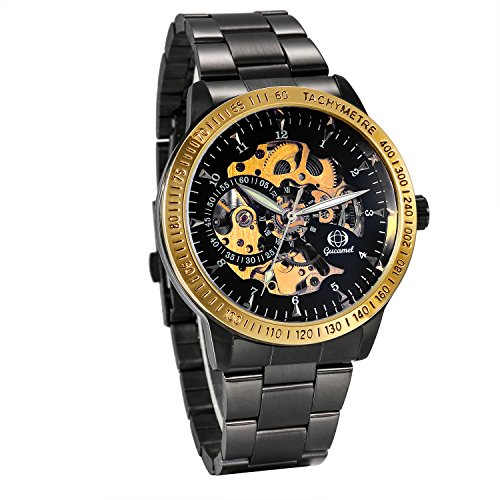 JewelryWe Herren Automatik Armbanduhr Schwarz Edelstahl Armband Skelett Uhr Automatikuhr Vatertagsgeschenk von JewelryWe