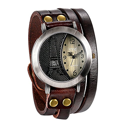 JewelryWe Damenuhr Eiffelturm Leder Armbanduhr: Retro Eiffelturm Design mit Strass Analog Quarz Armbanduhr Damen Herren Braun Lederarmband Wickelarmband Lässige Uhr mit Einfach Digital Zifferblatt von JewelryWe