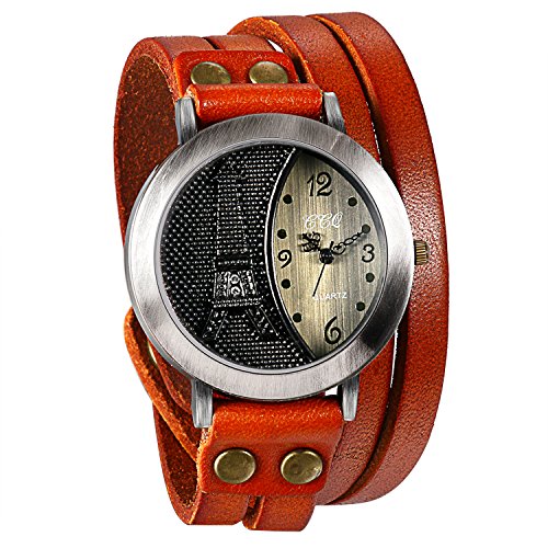 JewelryWe Herren Damen Armbanduhr, Orange Leder Armband Wickelarmband, Retro Eiffelturm Design mit Strass, Analog Quarz Uhr, einfaches Digital Zifferblatt von JewelryWe