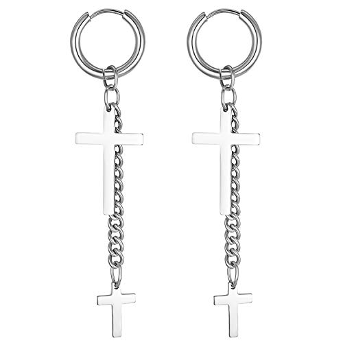 JewelryWe Herren Damen Ohrringe, Kreuz Kette Anhänger Edelstahl Creolen Ohrstecker Pierced Ohrringe für Männer Frauen, Silber von JewelryWe