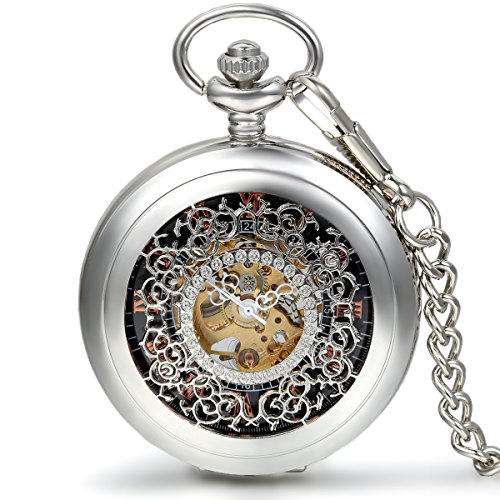 JewelryWe Herren Damen Taschenuhr Vintage Klassiker Handaufzug mechanische Kettenuhr Skelett Uhr mit Halskette Kette Umhängeuhr Vatertag Silber von JewelryWe