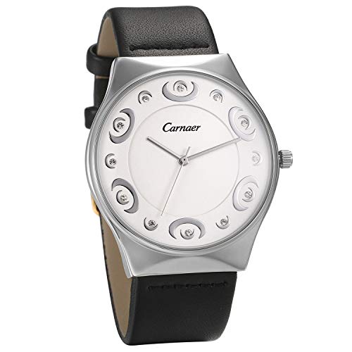 JewelryWe Herren Damen Uhren Quarz Analog 30M Wasserdicht Armbanduhr Strass Mond Halbmond Design Uhr mit Schwarz Leder Echtleder Armband und weiß rundem Zifferblatt von JewelryWe