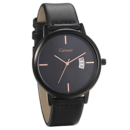 JewelryWe Uhren Herren Damen Leder: 30M Wasserdicht Datum Kalender Analog Quarz Armbanduhr Luxus Einfache Design Herrenuhr Damenuhr mit Schwarz Echtleder Armband von JewelryWe