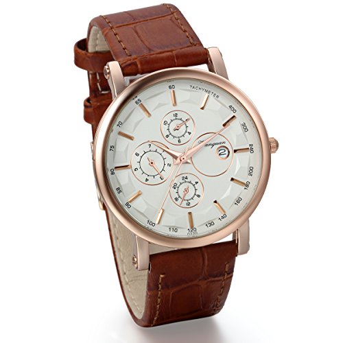 JewelryWe Herren Freundschafts Armbanduhr, Business Casual Kalender Analog Quarz Uhr für Lieben Valentinstag Paar Paare Geschenk, Braun Leder Armband & Rose Gold Uhrgehäuse von JewelryWe