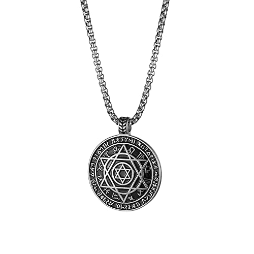 JewelryWe Herren Halskette Hexagramm Medaille: Edelstahl Vintage Davidstern Sternzeichen Amulett Medaille Runde Tag Anhänger mit Weizenkette Kette für Männer Silber von JewelryWe