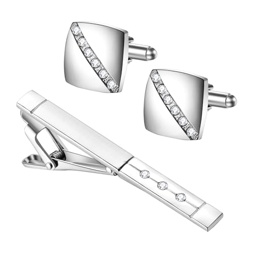 JewelryWe Herren Krawattenklammer und Manschettenknöpfe Set: 3er Business Hemd Krawattennadel Manschettenknopf Cufflinks Tie Clips mit Zirkonia für Hochzeit Smoking Party Geschäftstreffen Silber von JewelryWe